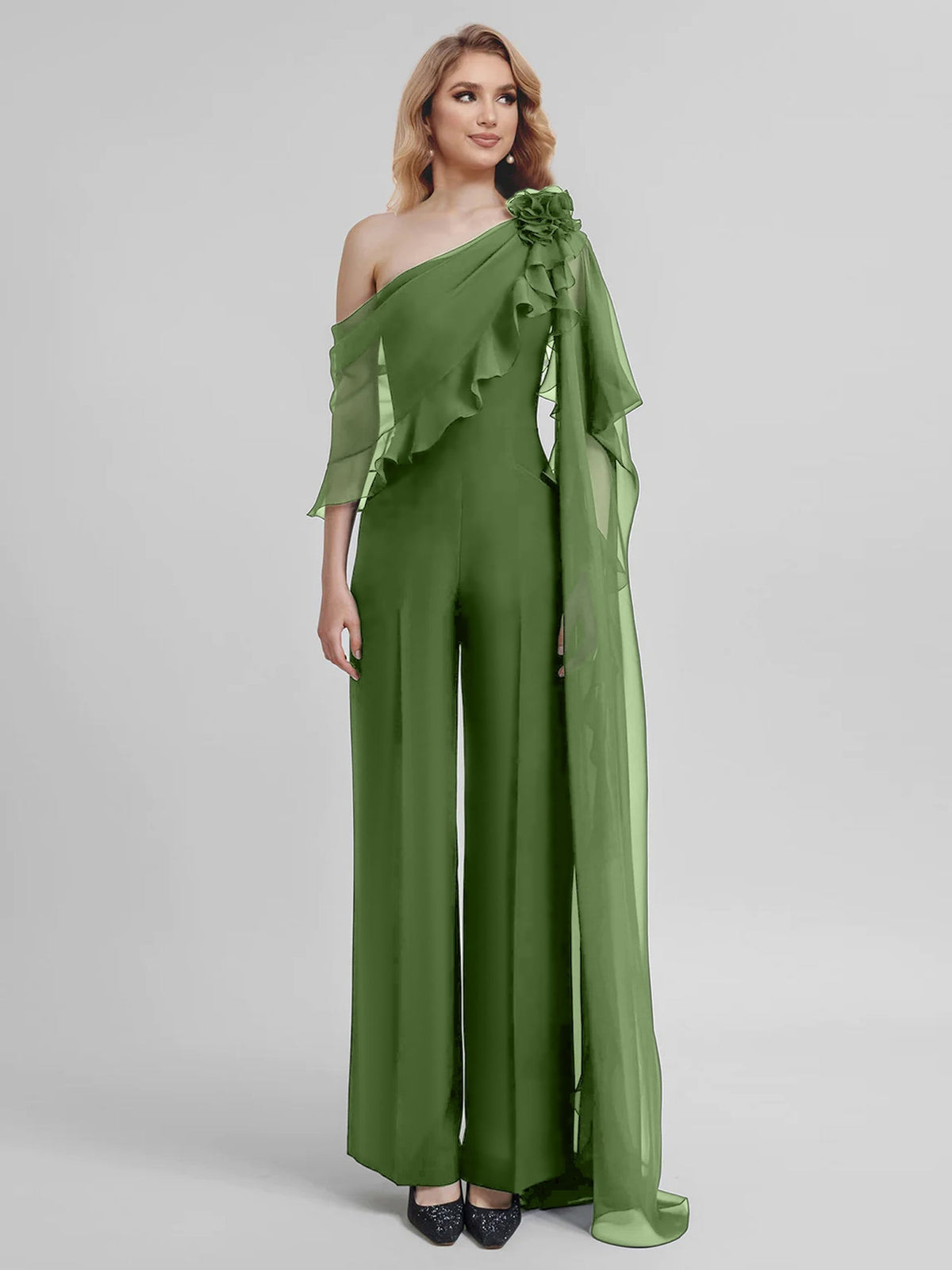 Chiffon One Shoulder Jumpsuits with Half Sleeves for the Mother of the Bride