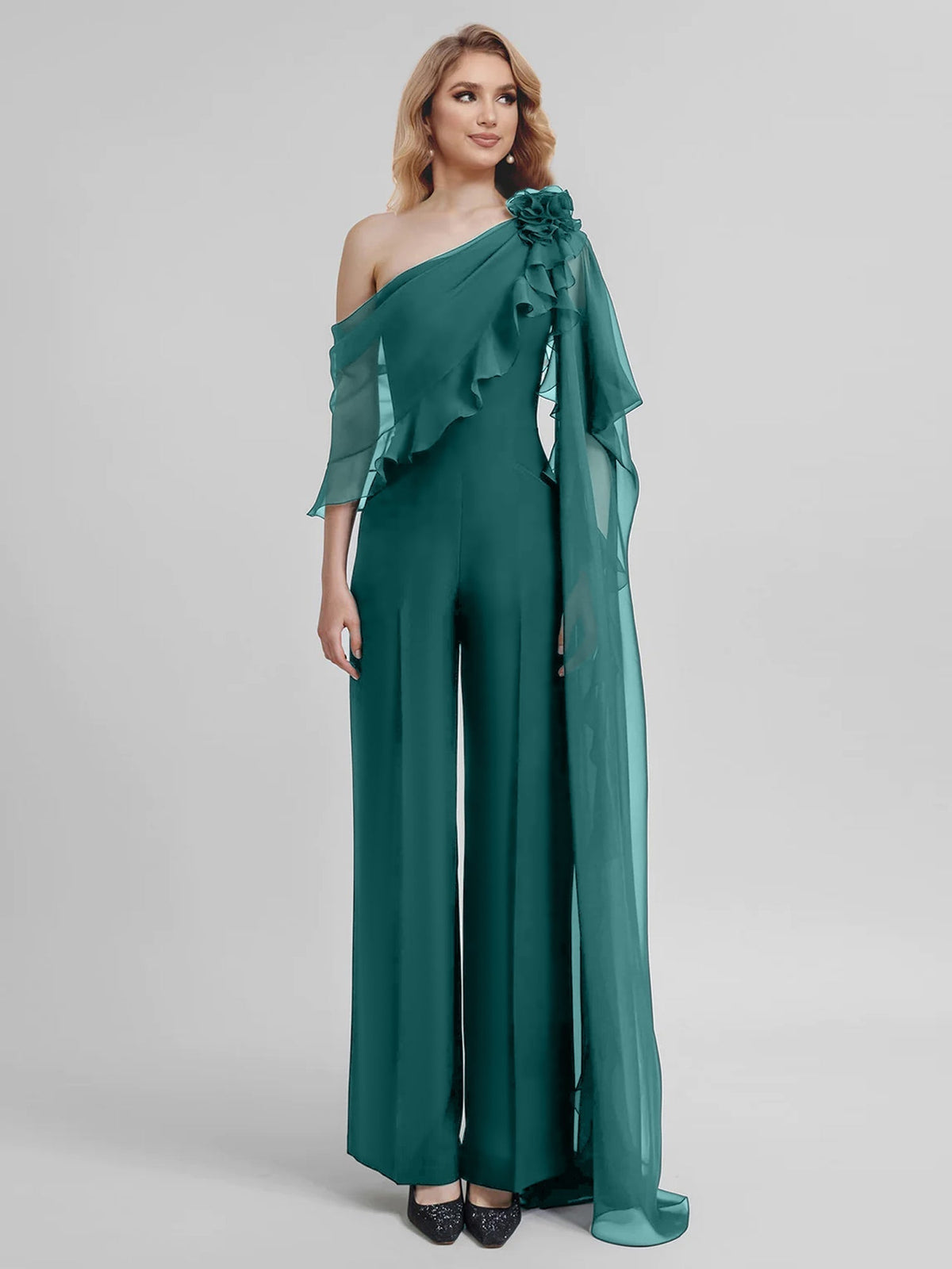 Chiffon One Shoulder Jumpsuits with Half Sleeves for the Mother of the Bride