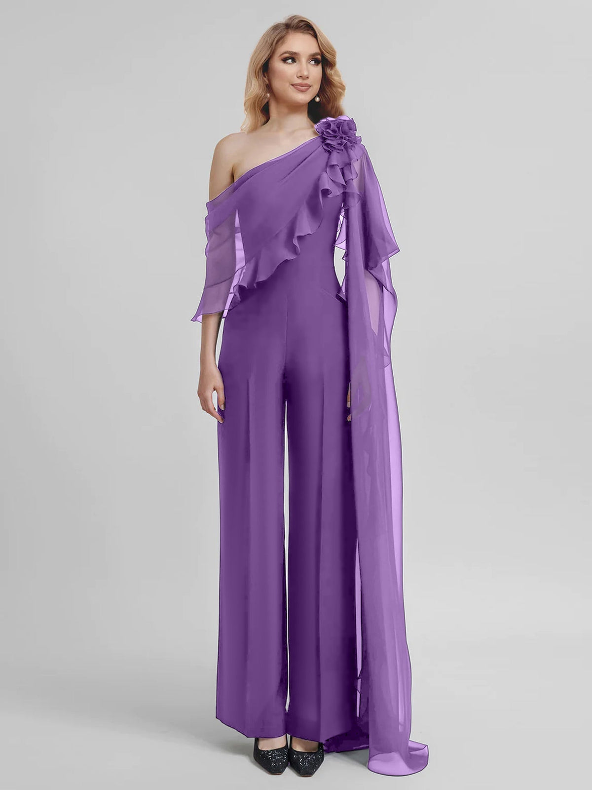 Chiffon One Shoulder Jumpsuits with Half Sleeves for the Mother of the Bride
