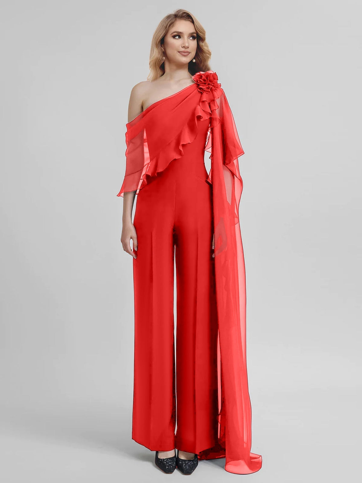 Chiffon One Shoulder Jumpsuits with Half Sleeves for the Mother of the Bride