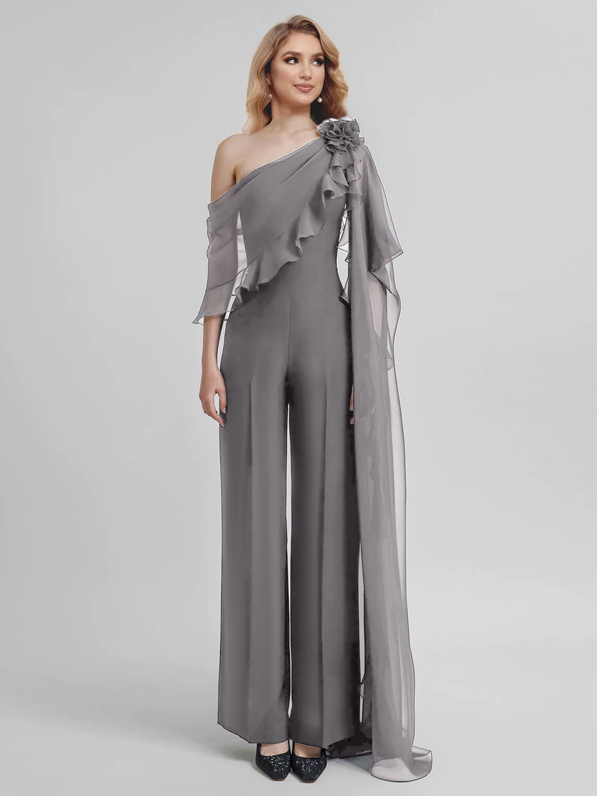 Chiffon One Shoulder Jumpsuits with Half Sleeves for the Mother of the Bride