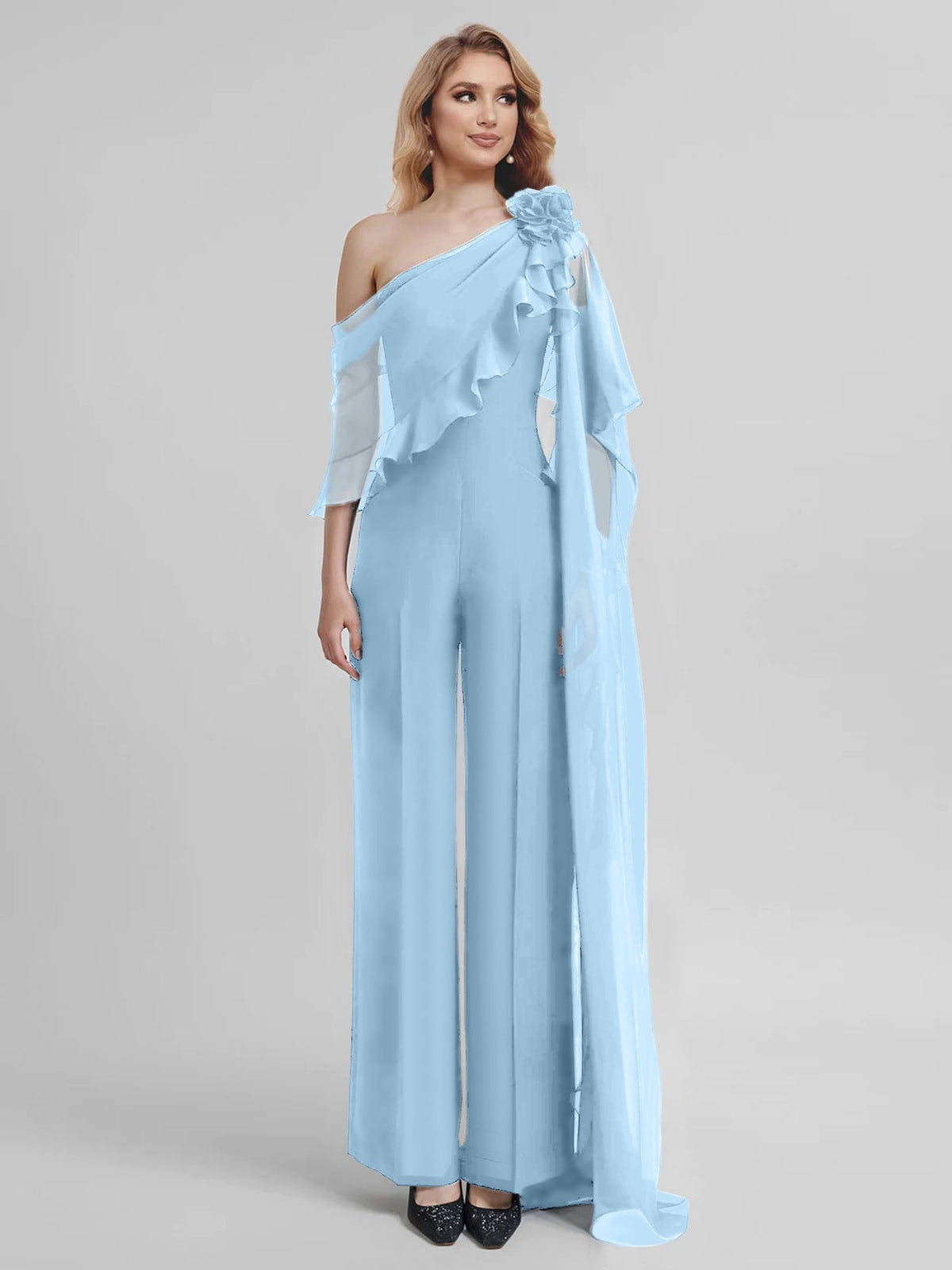 Chiffon One Shoulder Jumpsuits with Half Sleeves for the Mother of the Bride