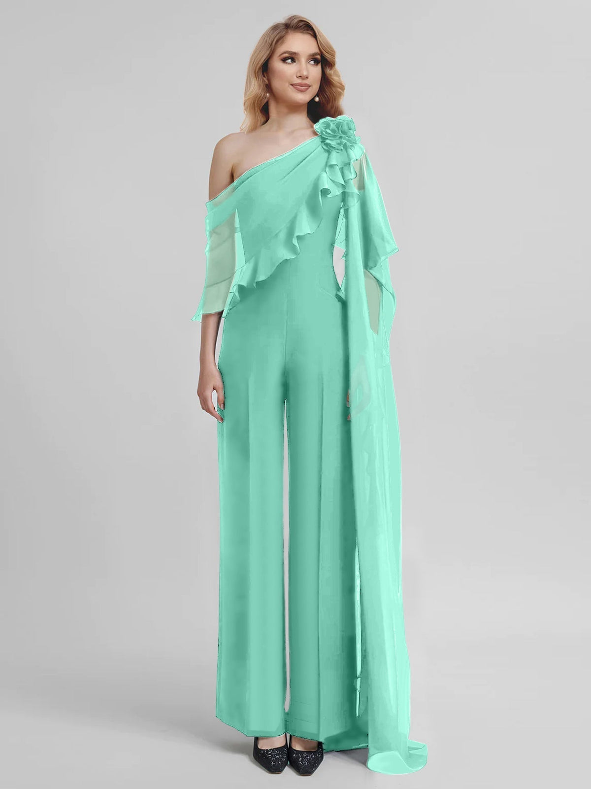 Chiffon One Shoulder Jumpsuits with Half Sleeves for the Mother of the Bride