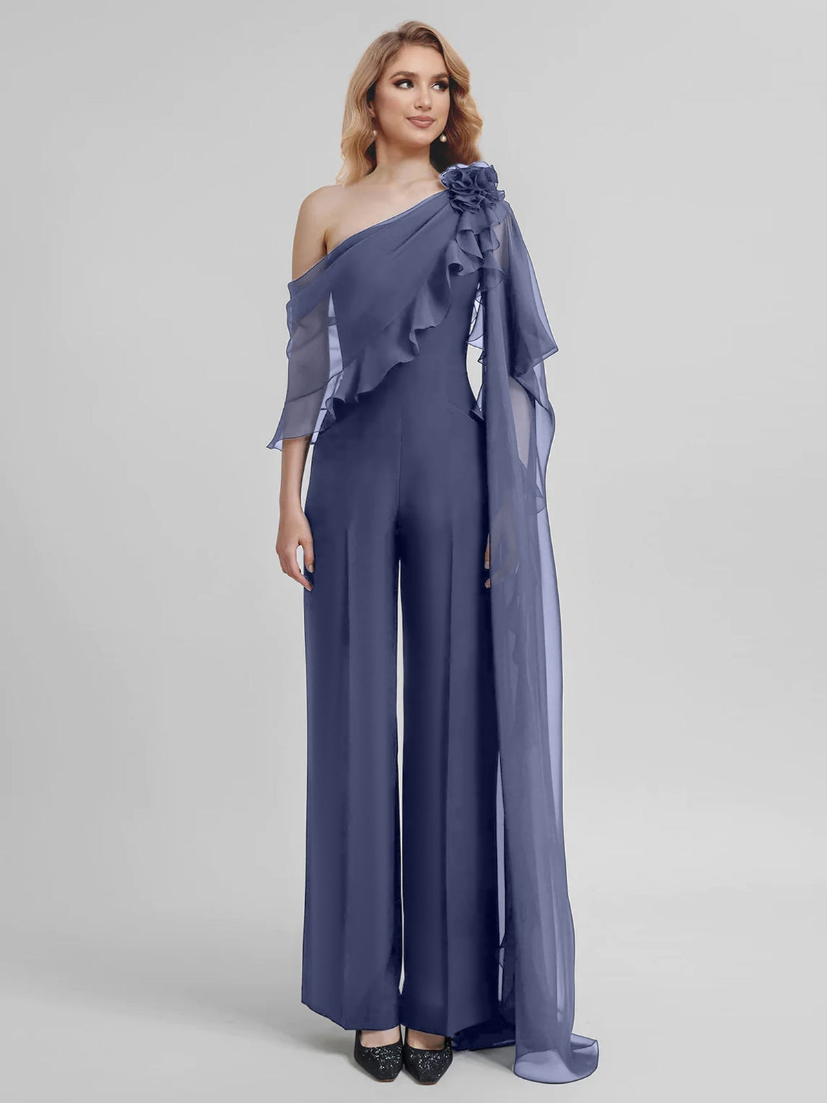 Chiffon One Shoulder Jumpsuits with Half Sleeves for the Mother of the Bride