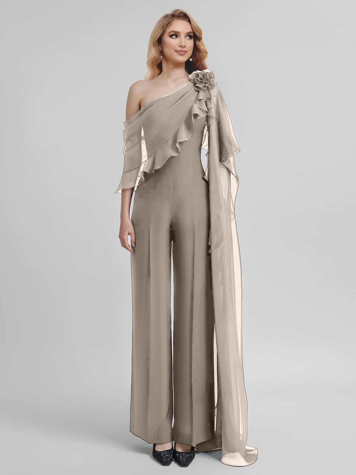 Chiffon One Shoulder Jumpsuits with Half Sleeves for the Mother of the Bride