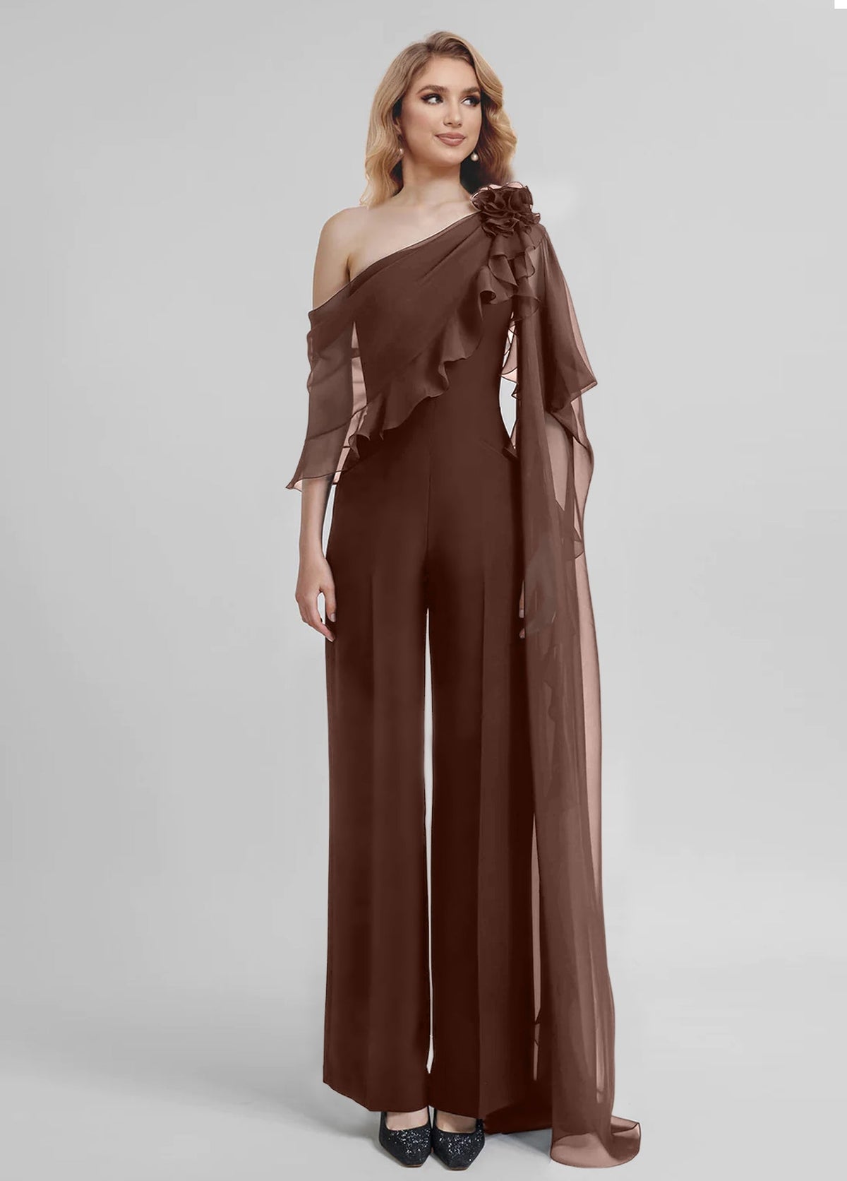Chiffon One Shoulder Jumpsuits with Half Sleeves for the Mother of the Bride