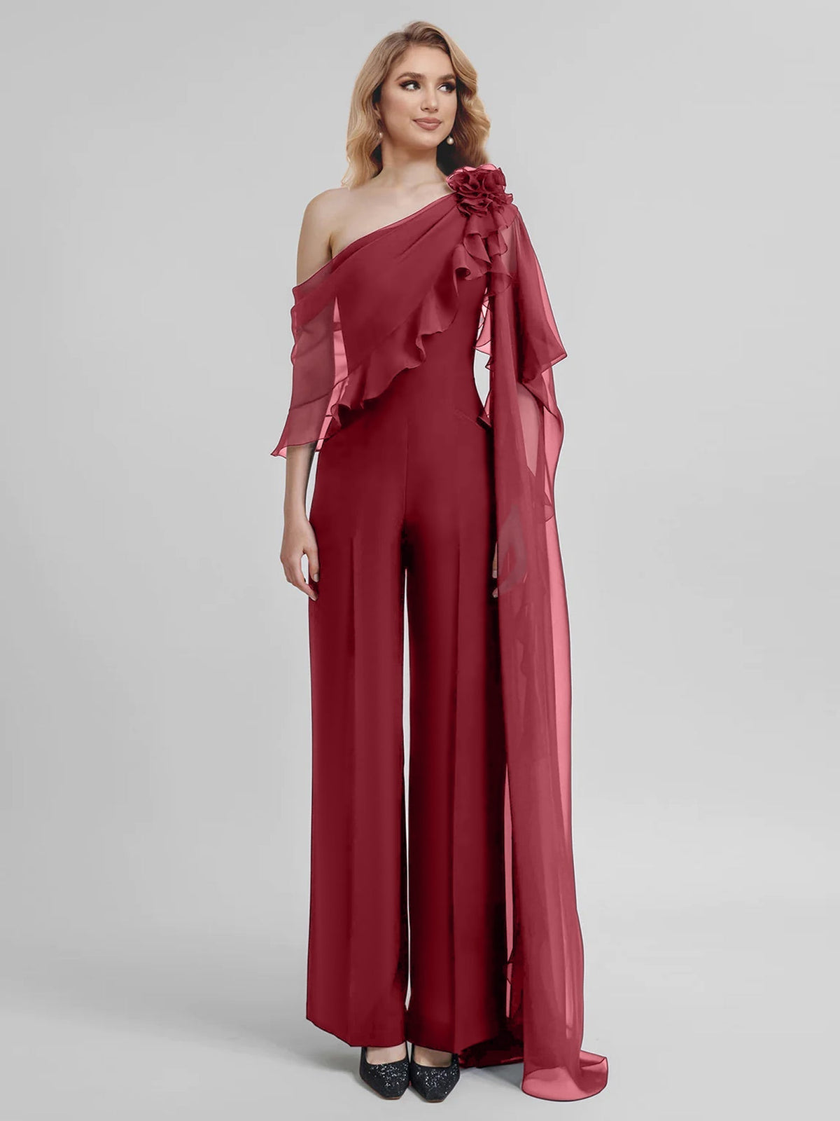 Chiffon One Shoulder Jumpsuits with Half Sleeves for the Mother of the Bride