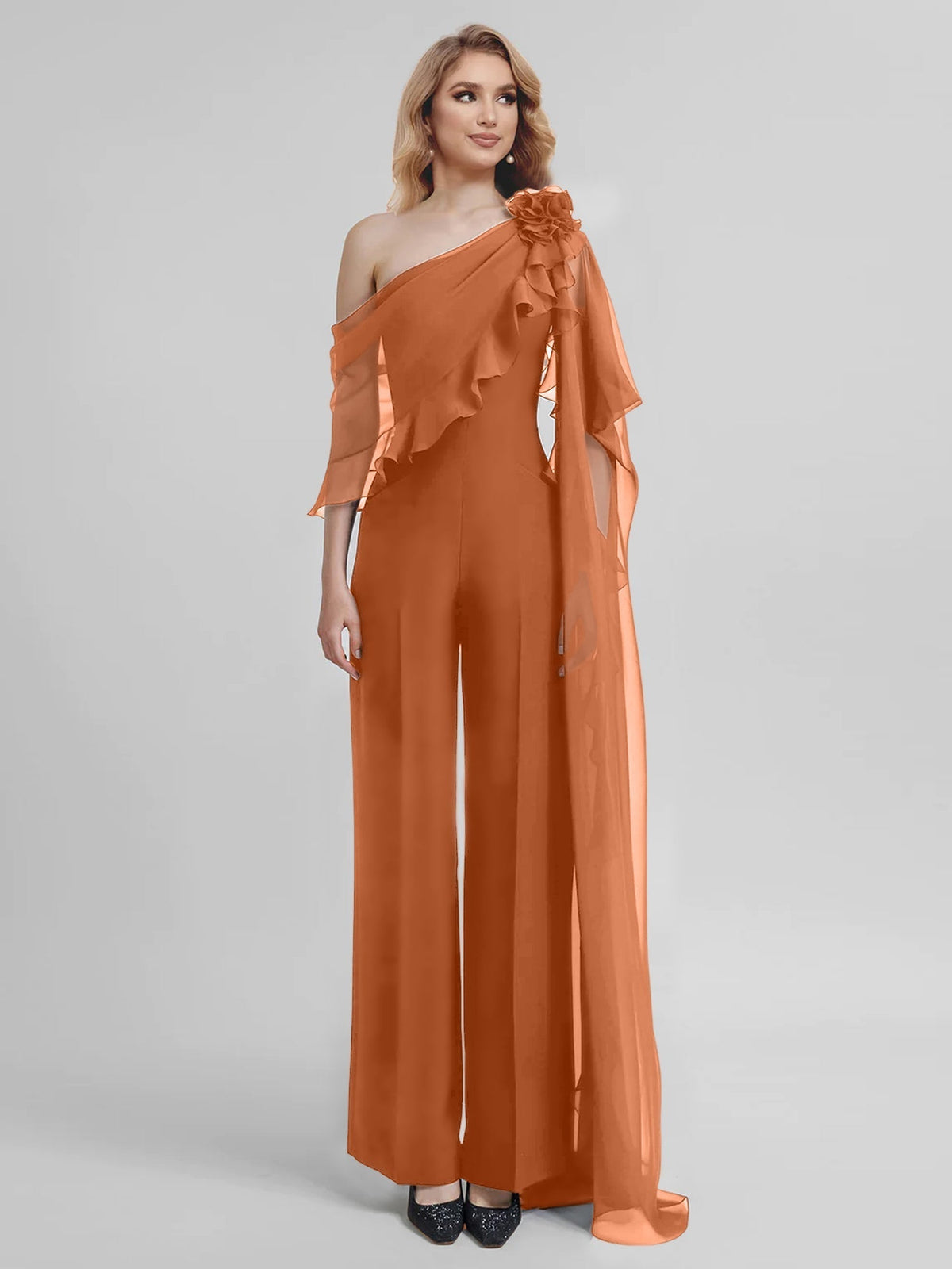 Chiffon One Shoulder Jumpsuits with Half Sleeves for the Mother of the Bride