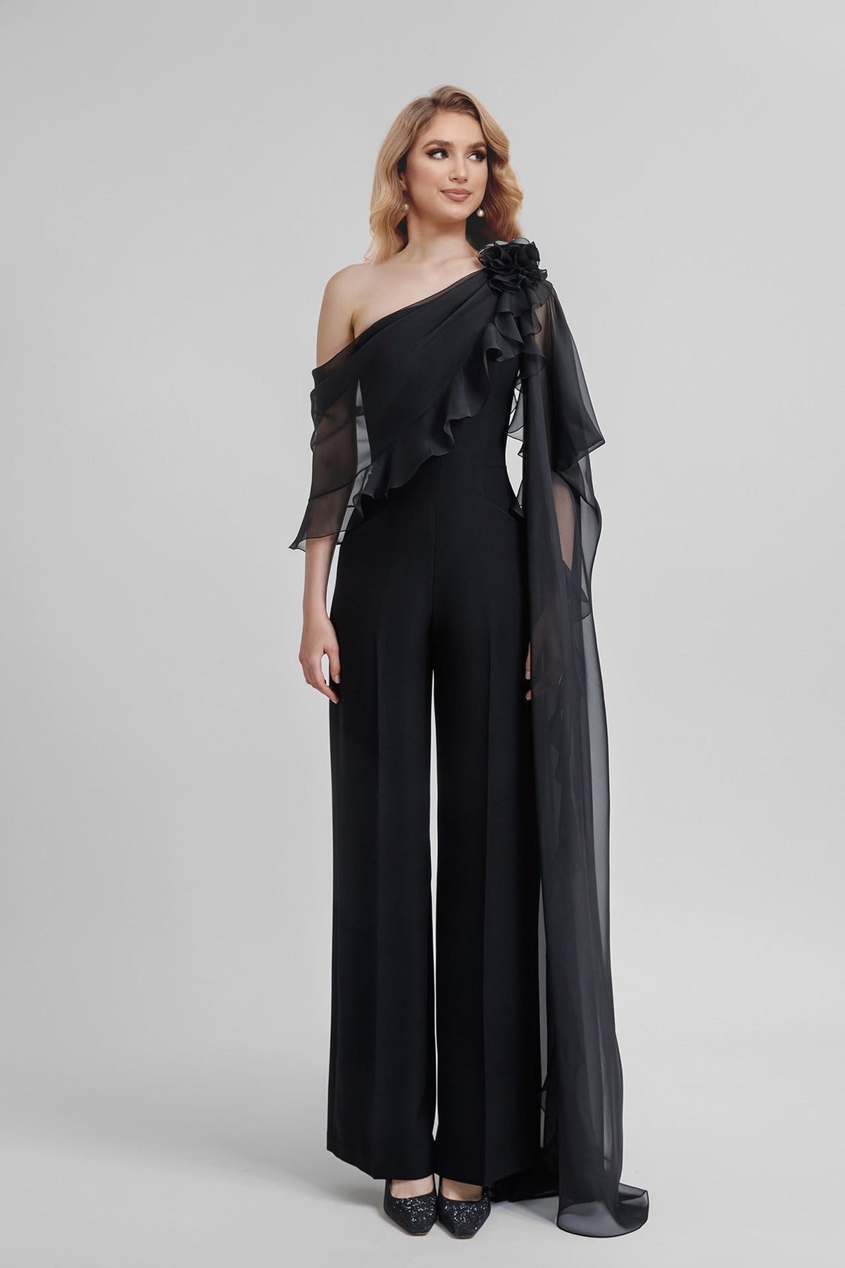 Chiffon One Shoulder Jumpsuits with Half Sleeves for the Mother of the Bride