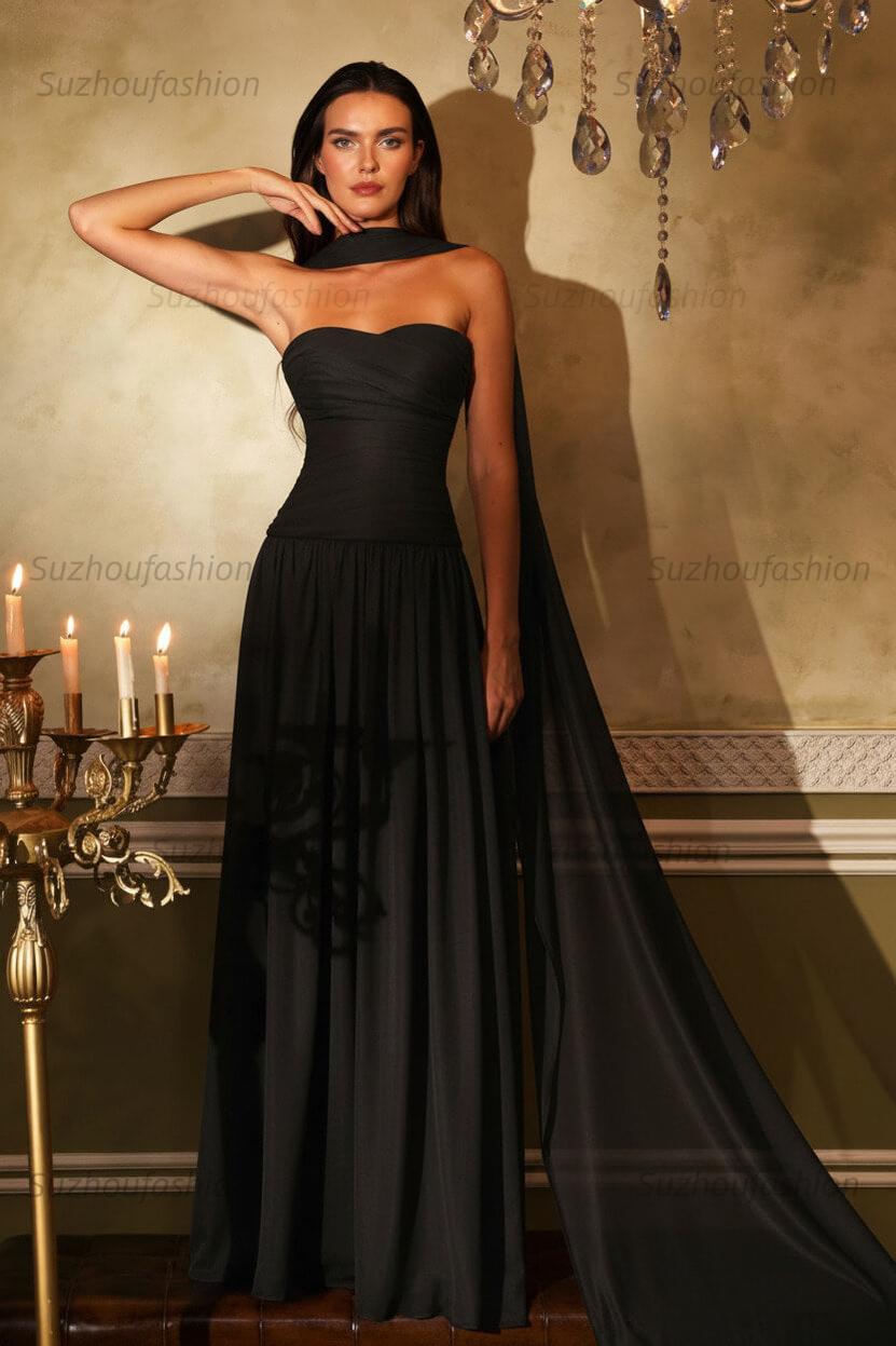 Chiffon Strapless Sleeveless Long Evening Formal Dress With Ruffled Pleated