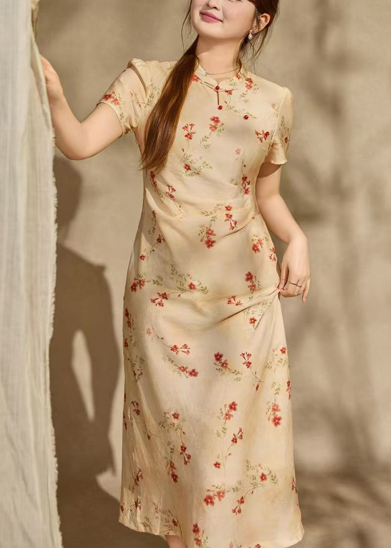 Chinese Style Apricot Print Cotton Long Dresses Summer
