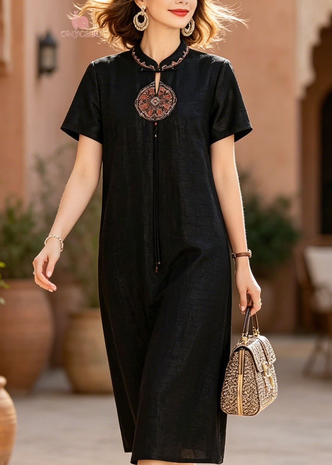 Chinese Style Black Stand Collar Embroidered Silk Dresses Summer