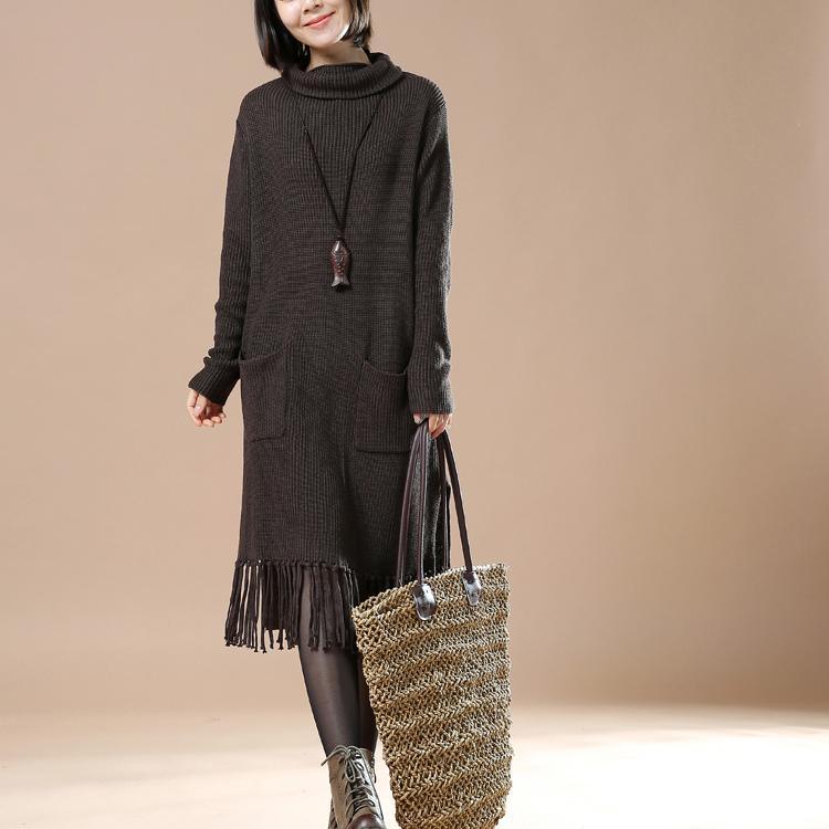 Chocolate tasseled sweaters plus size winter dresses knitted