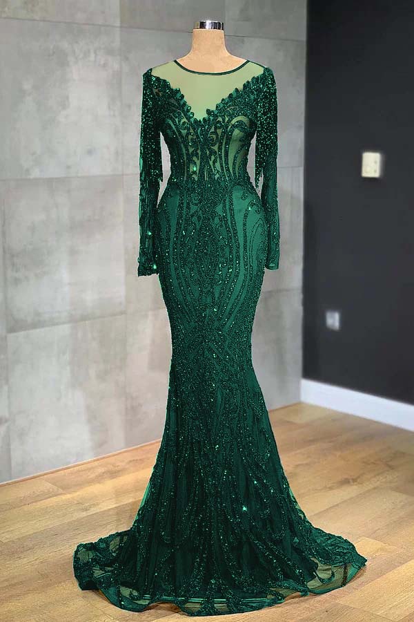 Classic Black Prom Dress Mermaid Evening Formal Dress Long Sleeves Tulle With Sequined