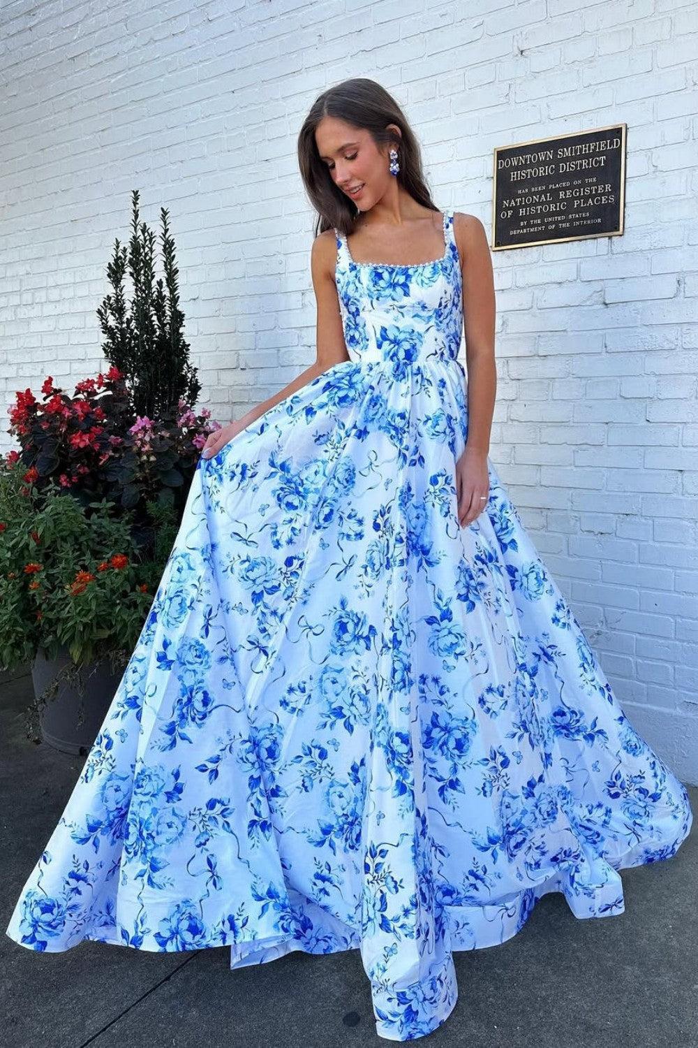 Suzhoufashion Classic Blue Floral A-Line Square Neck Backless Long Prom Gown Formal Evening Gown