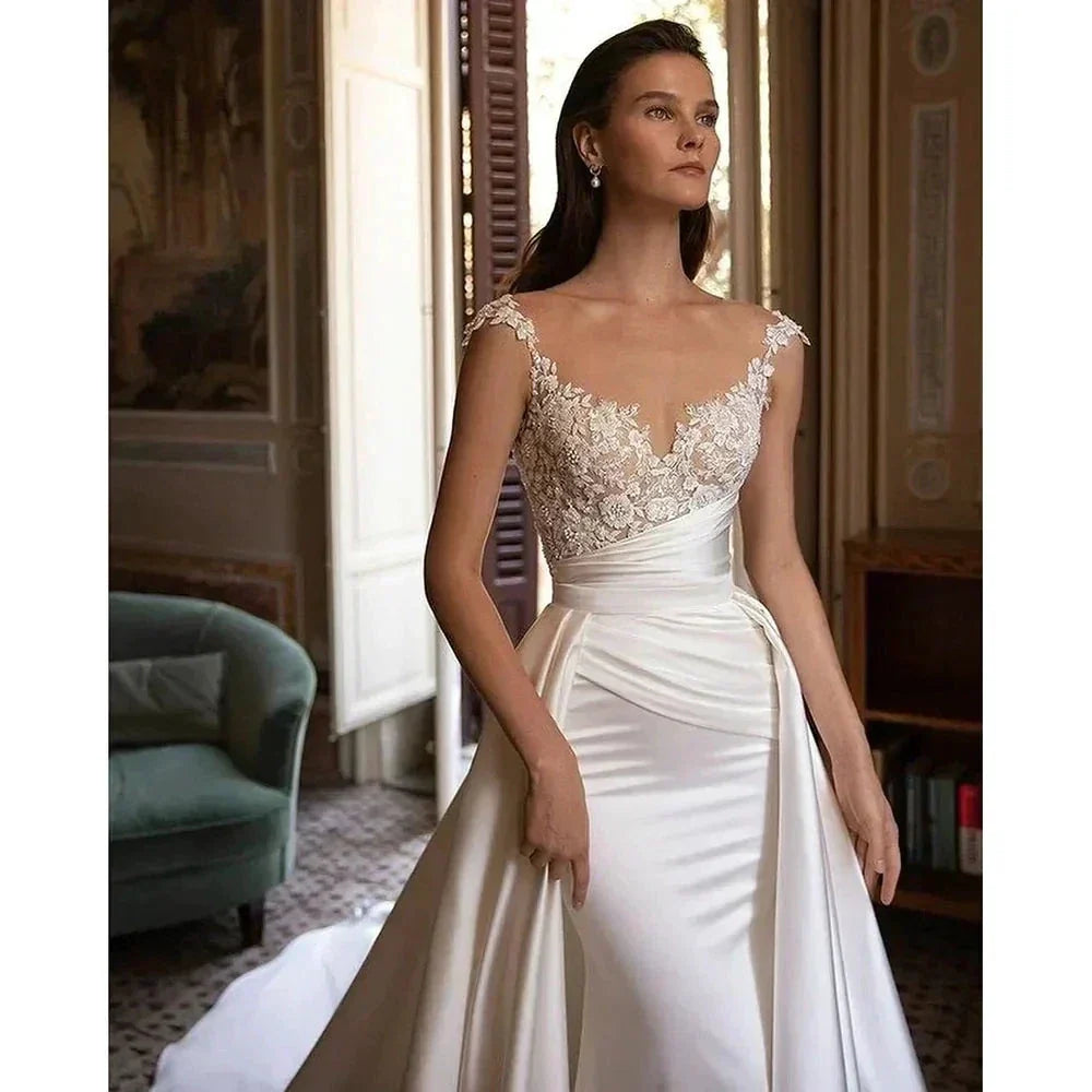Classic Sexy Wedding Dresses A Line Lace Appliques Long Sleeve Ball Gowns Woman's Formal Bride Beach Party Vesti Dosde Fiesta (ZD13513)