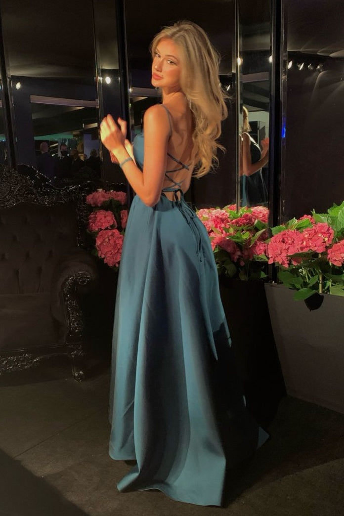 Classic A Line Spaghetti Straps Dark Green Long Prom Dress with Criss Cross Back