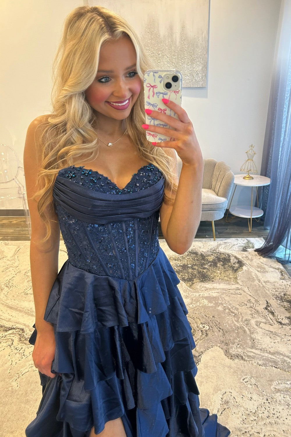 Classic A Line Sweetheart Navy Corset Prom Dress with Appliques Ruffles - View 5 | VelvetHem