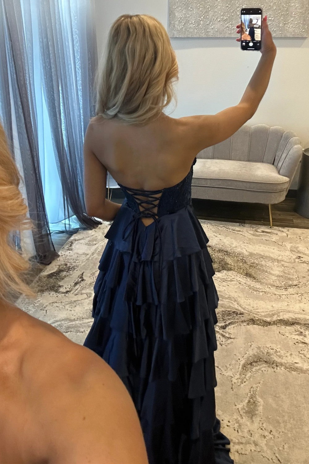 Classic A Line Sweetheart Navy Corset Prom Dress with Appliques Ruffles - View 2 | VelvetHem