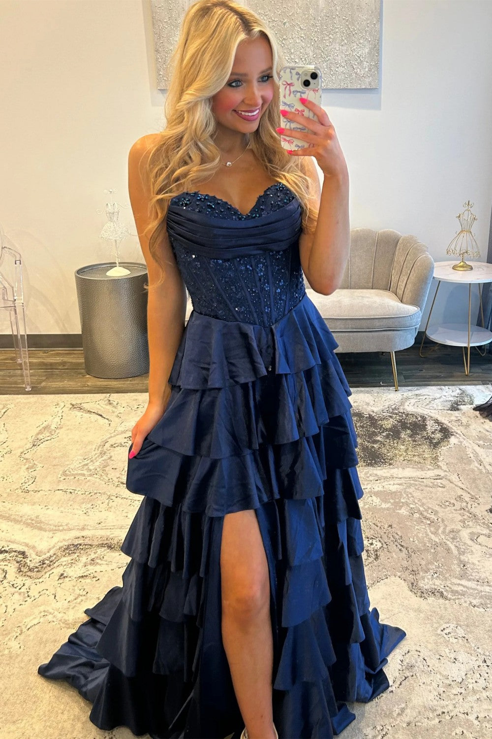 Classic A Line Sweetheart Navy Corset Prom Dress with Appliques Ruffles - View 4 | VelvetHem