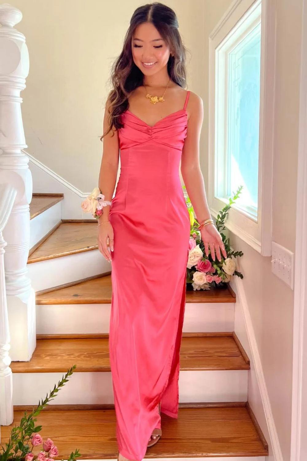 Classic Sheath Spaghetti Straps Candy Pink Long Prom Dress with Split Front - View 3 | VelvetHem
