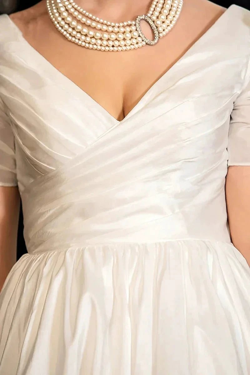 Classical A-Line V-Neck Short Sleeve Pleats Bohemain Wedding Dress (ZD16146)