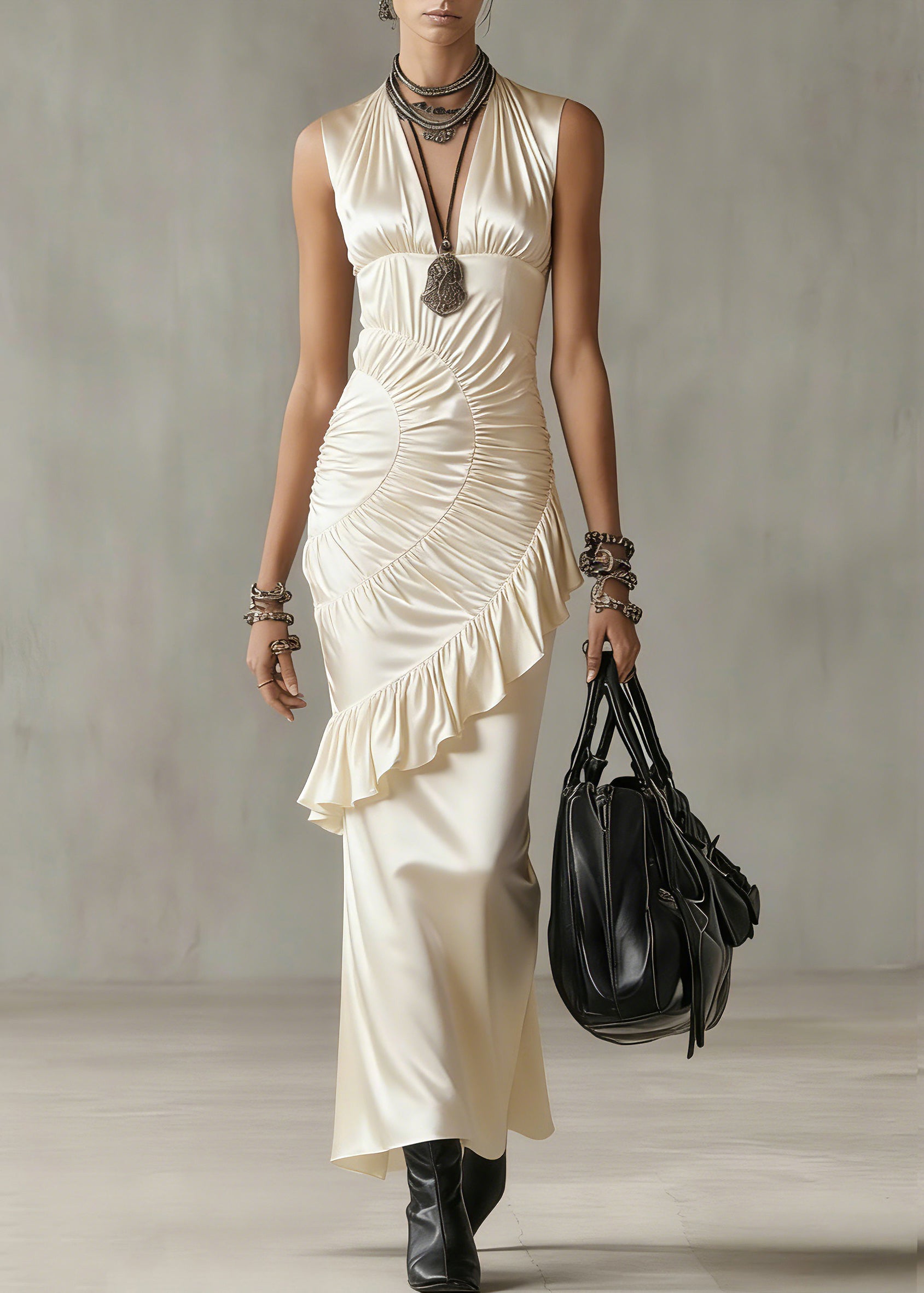 Classy Apricot V Neck Ruffled Wrinkled Long Dresses Summer