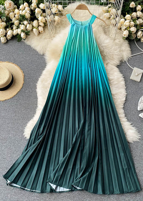 Classy Blackish Green O-Neck Zippered Gradient Color Long Pleated Dress Sleeveless