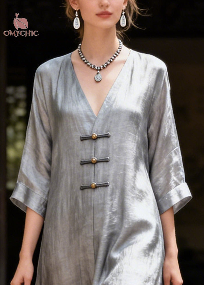 Classy Grey V Neck Chinese Button Side Open Silk Long Dress Summer