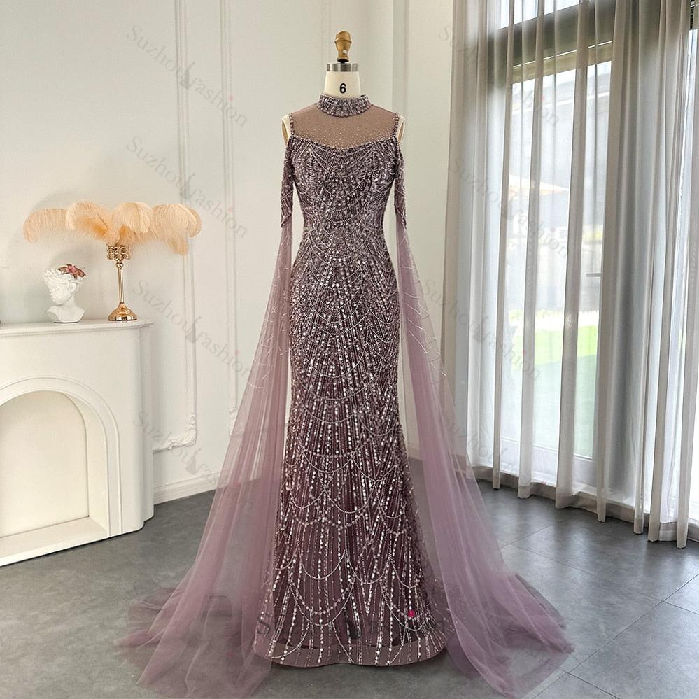 Classy High Neck Pearls Prom Dress Mermaid Long With Ruffle