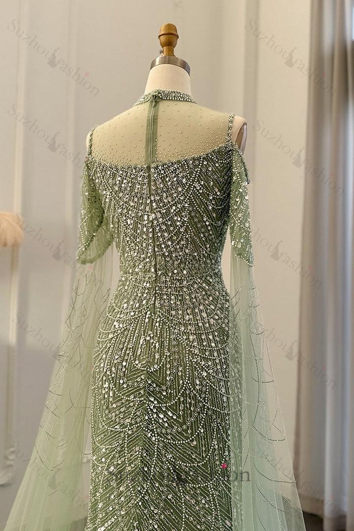 Classy High Neck Pearls Prom Dress Mermaid Long With Ruffle