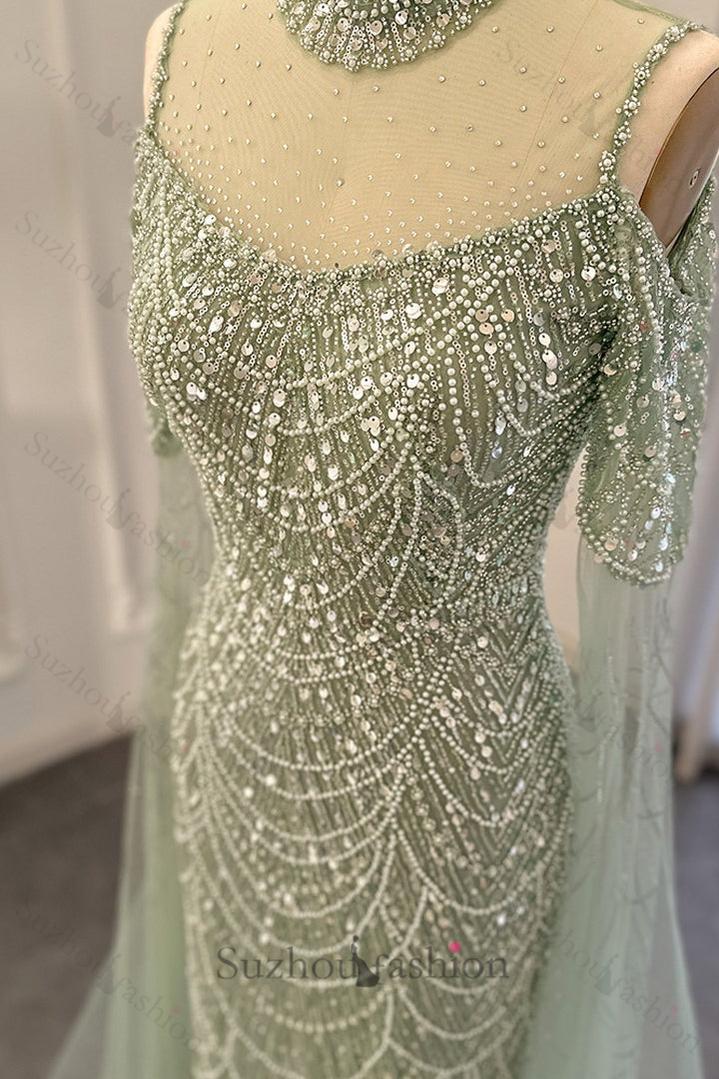 Classy High Neck Pearls Prom Dress Mermaid Long With Ruffle
