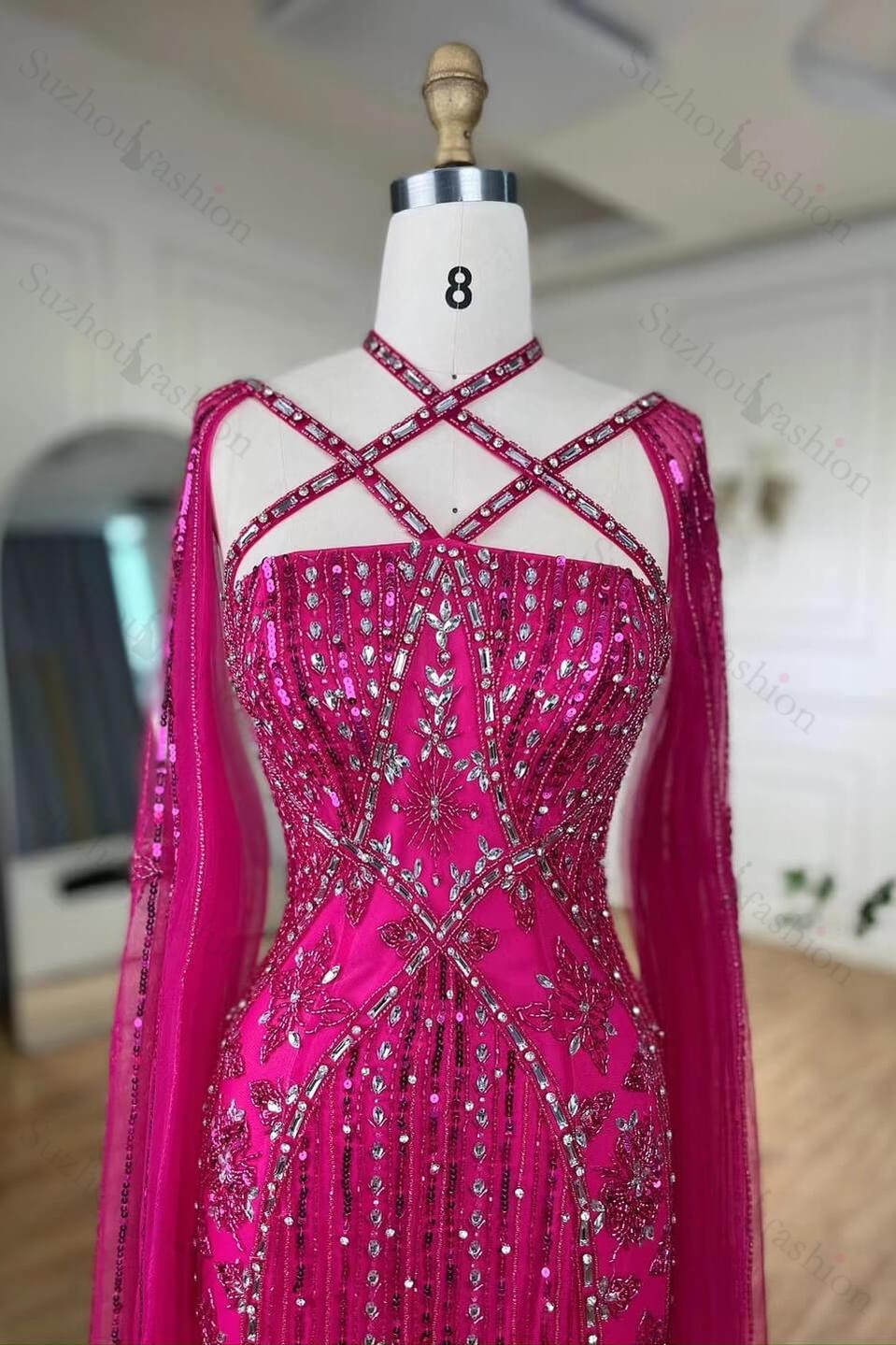 Classy Hot Pink Beadings Evening Dress Mermaid Long With Ruffle