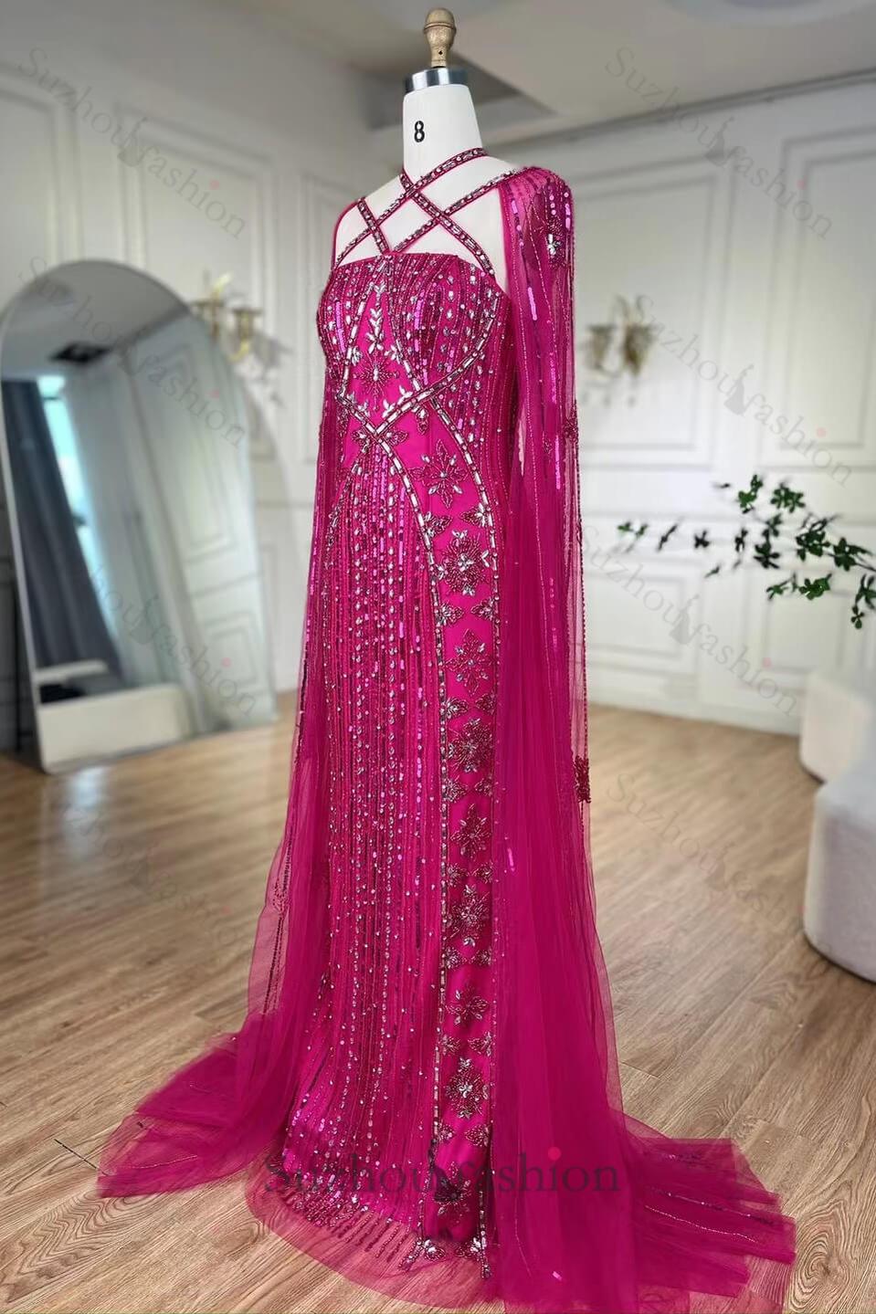 Classy Hot Pink Beadings Evening Dress Mermaid Long With Ruffle
