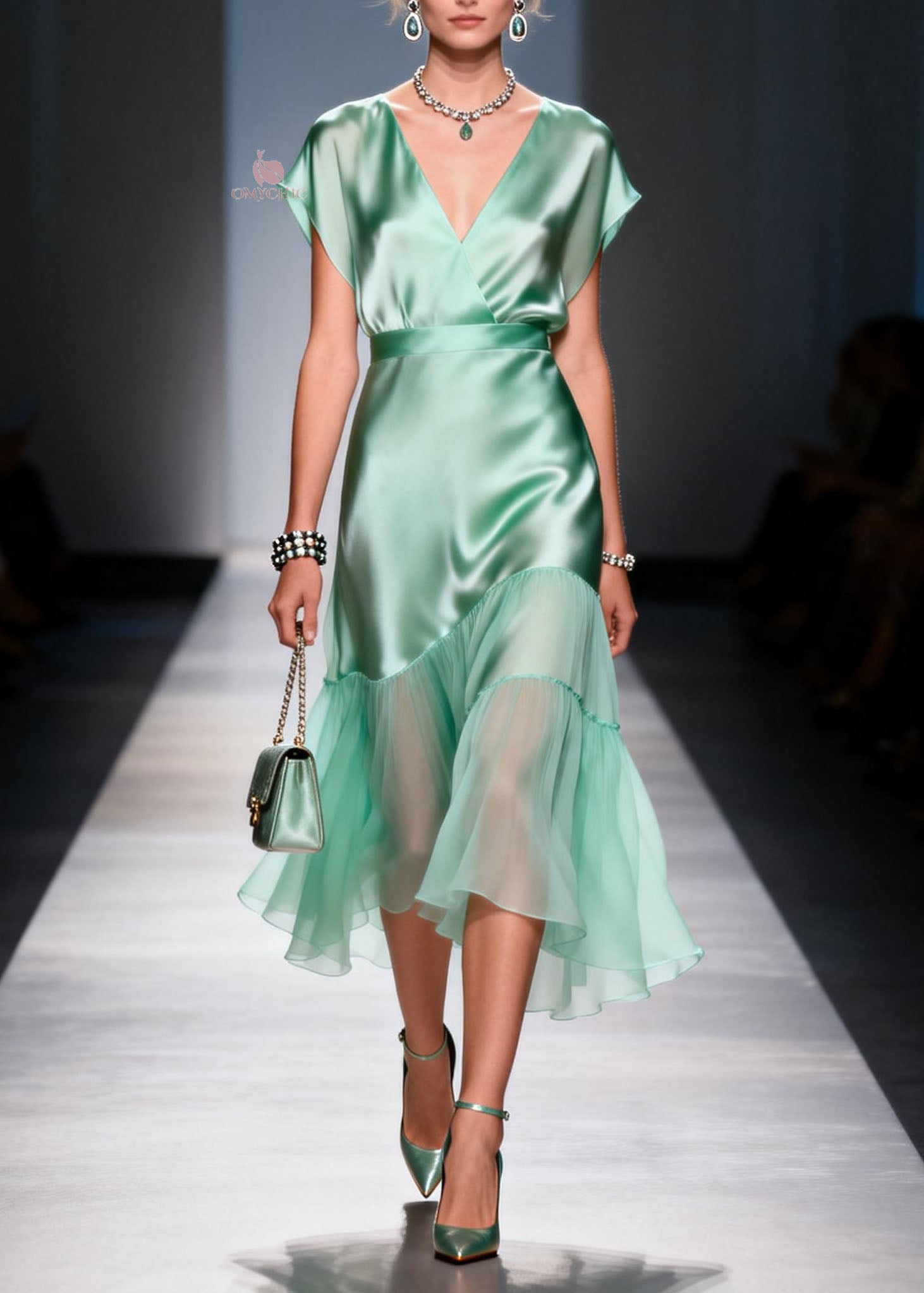 Classy Light Green V Neck Asymmetrical Patchwork Silk Dresses Summer