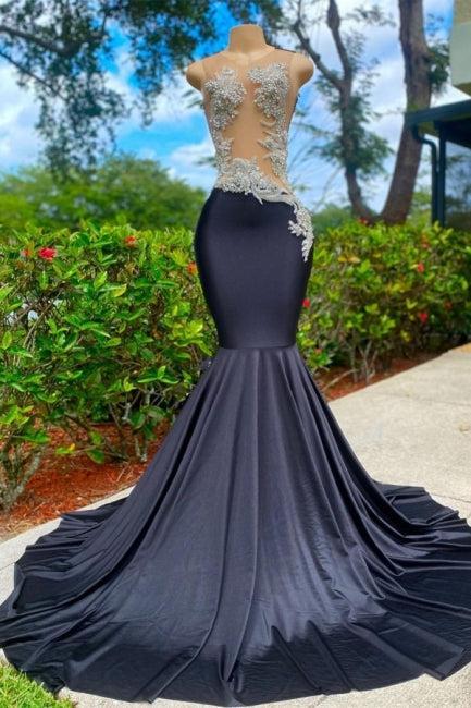 Classy Long Black Jewel Mermaid Lace Prom Dresses with Appliques