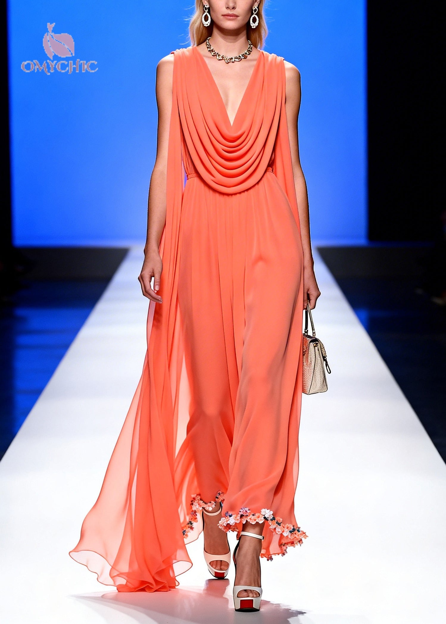 Classy Orange Turtle Neck Draping Chiffon Long Dress Summer