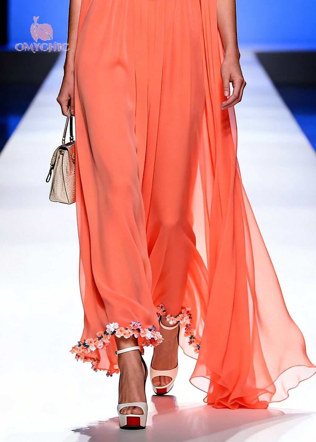 Classy Orange Turtle Neck Draping Chiffon Long Dress Summer
