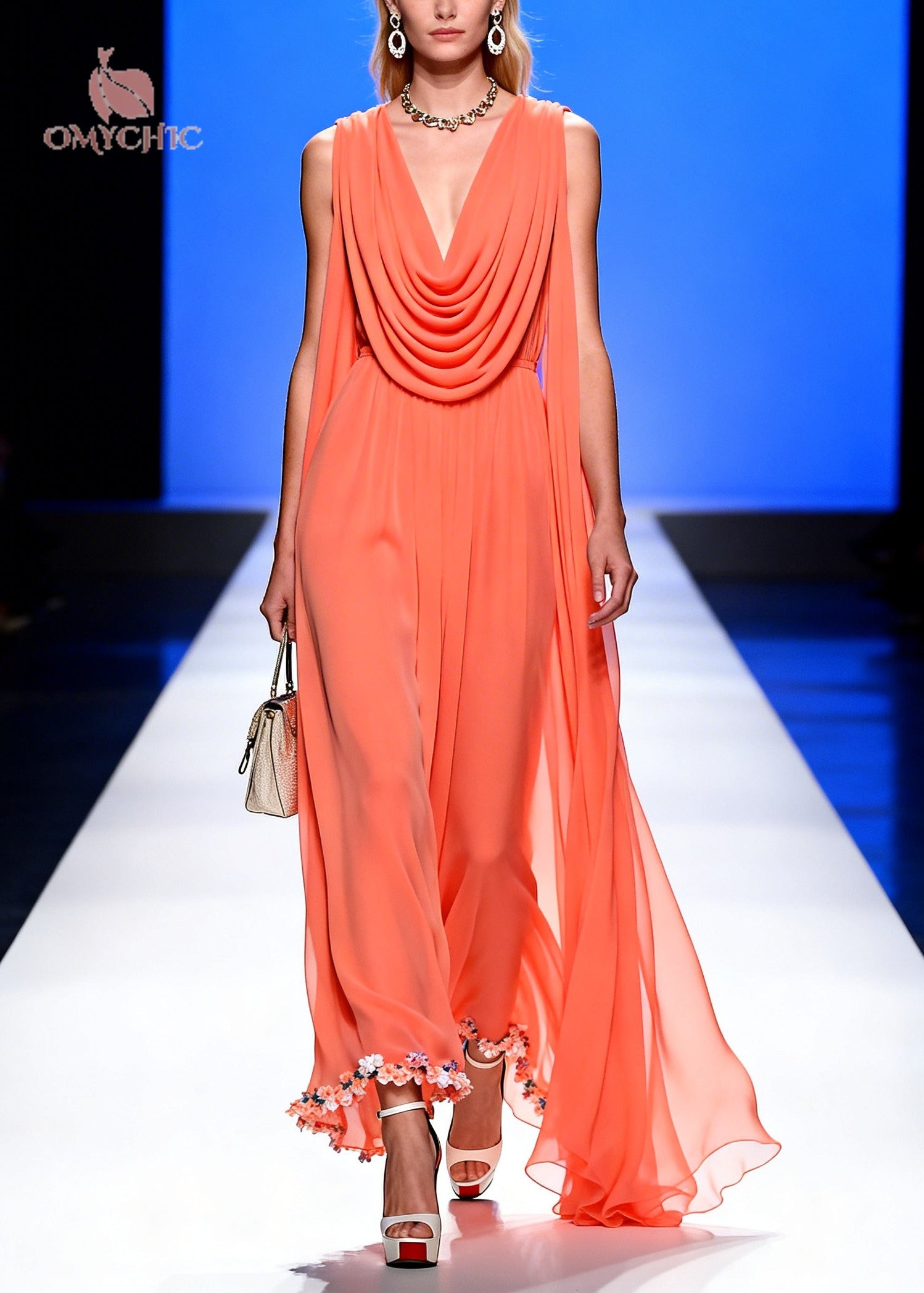 Classy Orange Turtle Neck Draping Chiffon Long Dress Summer