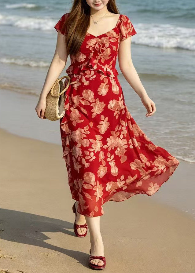 Classy Red Ruffled Print Chiffon Holiday Dress Summer