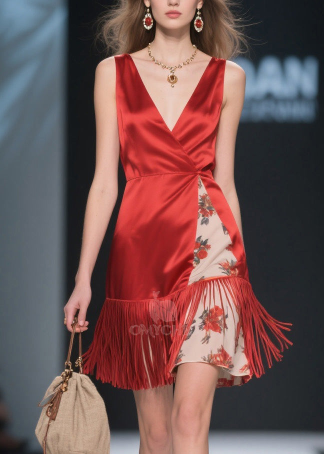 Classy Red V Neck Tassel Patchwork Silk Mid Dress Summer