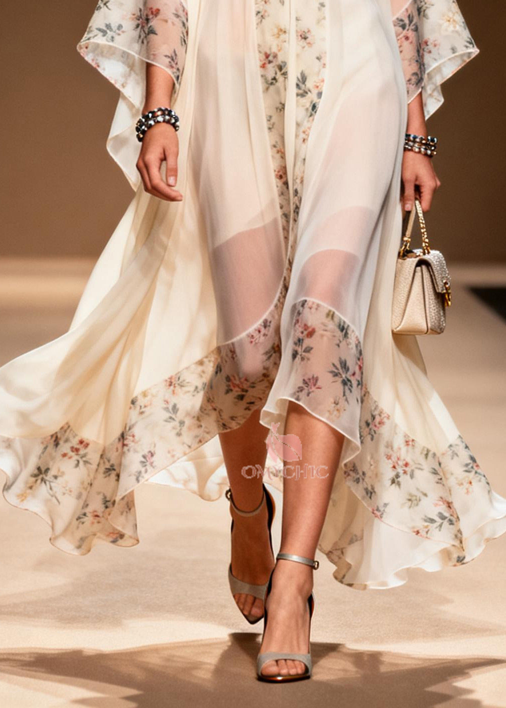 Classy White Oversized Patchwork Print Chiffon Holiday Dress Summer