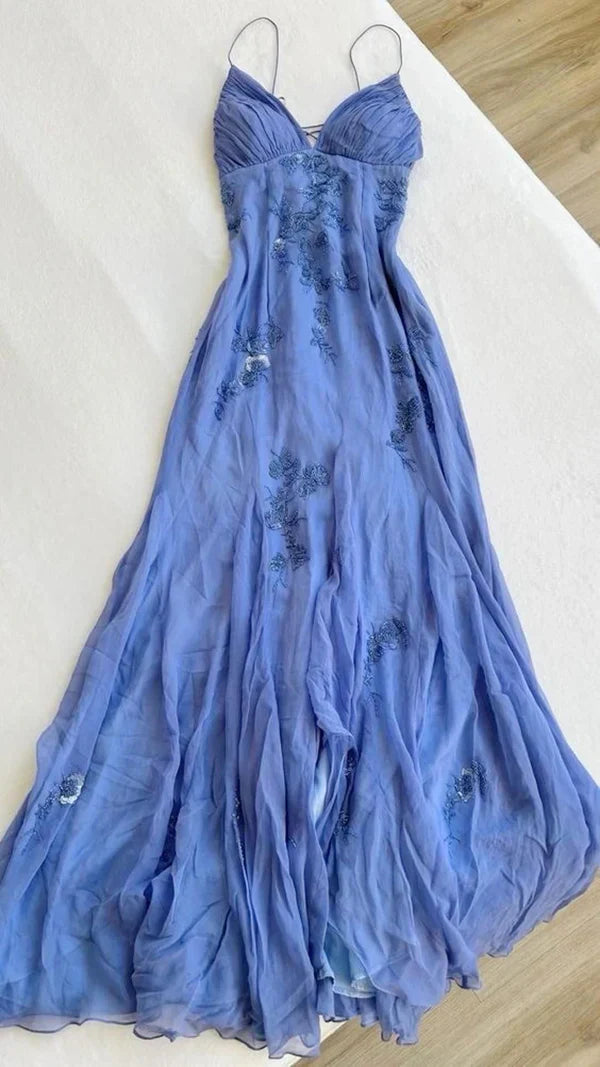 Fairy Mermaid Purple Spaghetti Straps Appliques Chiffon Prom Dresses