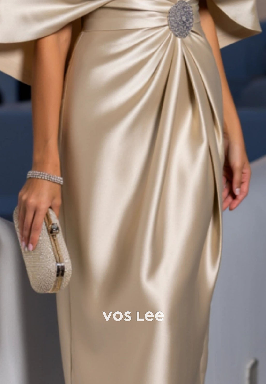 Cocktail Satin Dress Champagne Crew Neck Knee-Length Dress