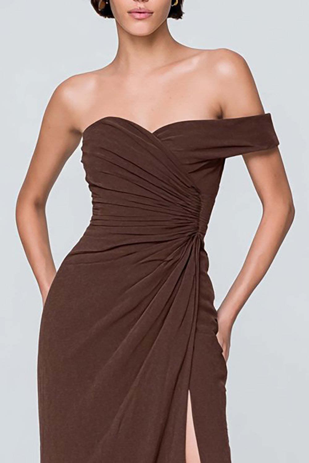 Suzhoufashion Coffee Asymmetrical Neck One Shoulder Ruched Long Prom Dress With Slit