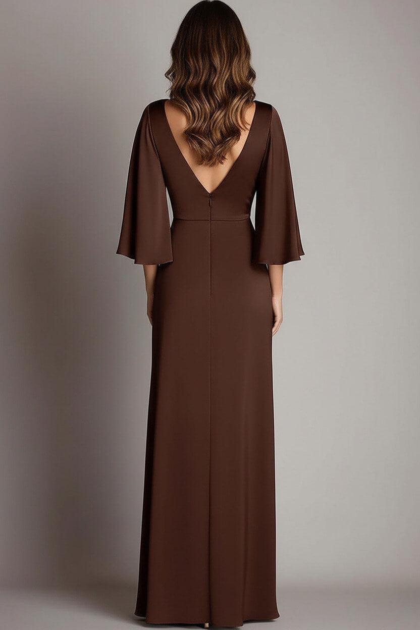 Coffee Prom Dress Satin V Neck Sheath Long Formal Dress With 3/4 Sleeves