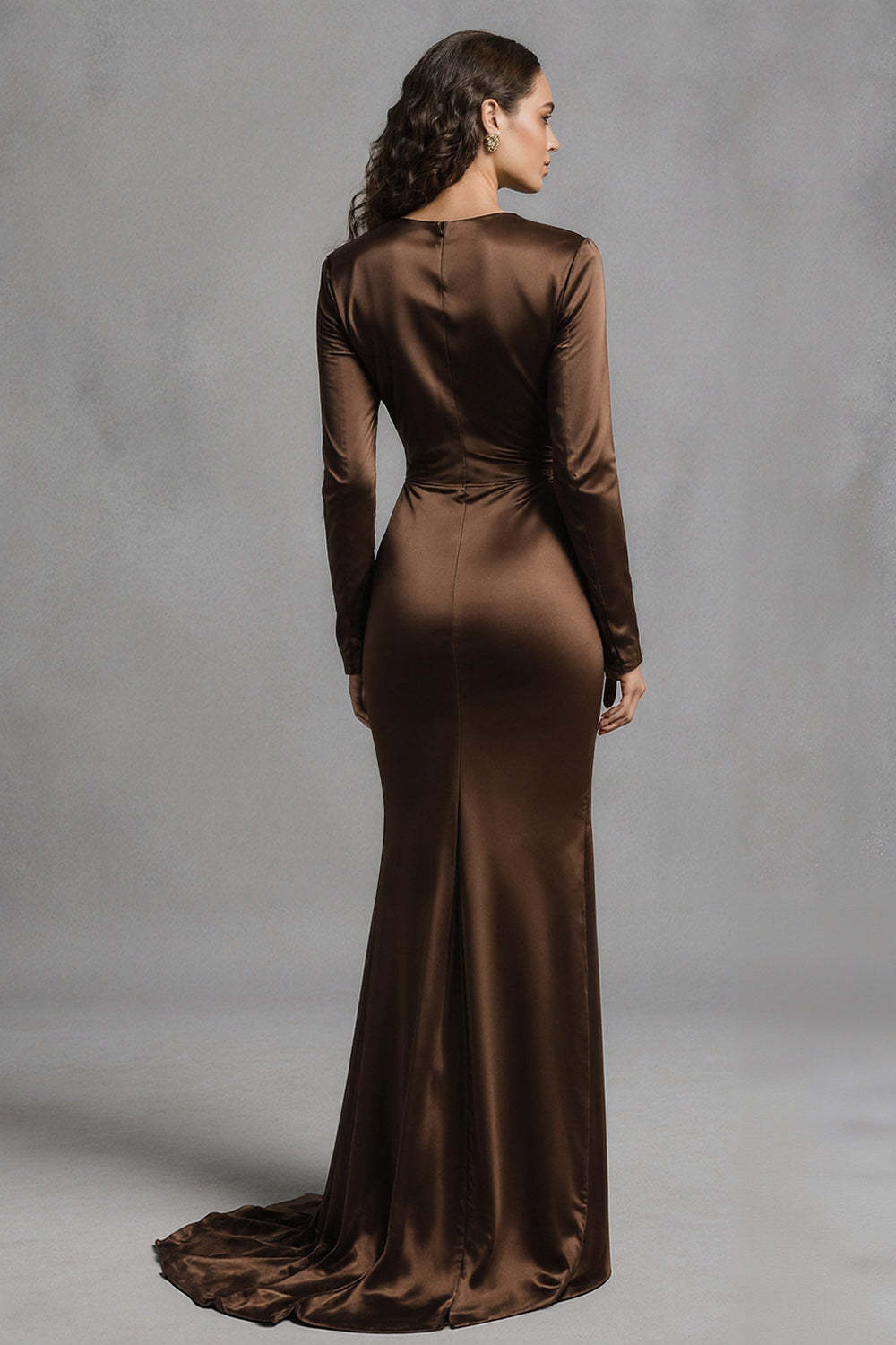 Suzhoufashion Coffee Mermaid Crew Neck Ruched Long Satin Prom Dress