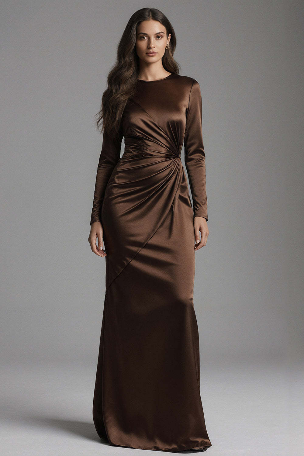 Suzhoufashion Coffee Mermaid Crew Neck Ruched Long Satin Prom Dress