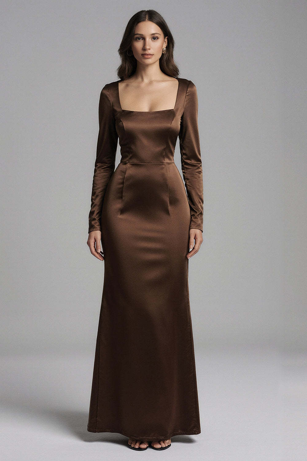 Suzhoufashion Coffee Satin Mermaid Square Neck Long Evening Dress With Sleeves
