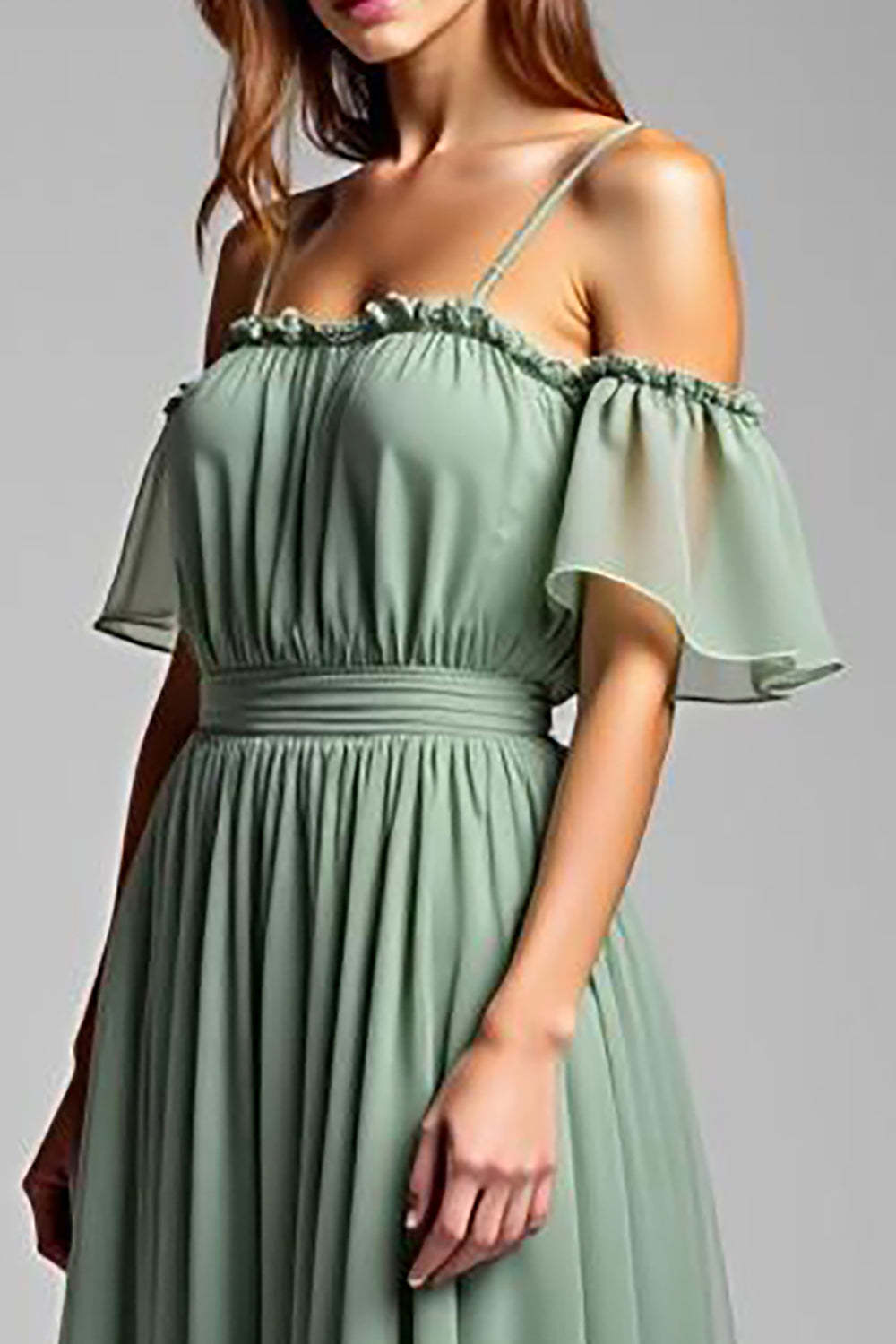 Cold Shoulder A Line Dusty Sage Wedding Guest Dress Long Formal Dress